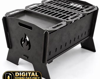 May include: A black metal portable grill featuring a flat griddle surface and a slotted cooking grate on top. The side panel displays a cutout flame design. A rectangular badge in the corner reads: DIGITAL DOWNLOAD ONLY NO PHYSICAL ITEM WILL BE SHIPPED.