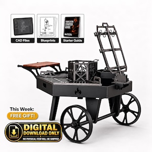 Pode incluir: Um carrinho de grelha hexagonal em metal preto com prateleira lateral de madeira, rodas grandes com raios e um suporte vertical. Inclui ficheiros digitais: CAD, plantas e guia de iniciação. Texto: This Week: FREE GIFT! DIGITAL DOWNLOAD ONLY.