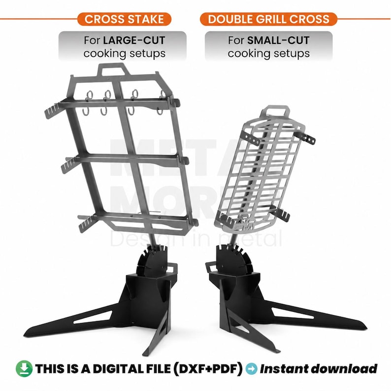 Puede incluir: Dos soportes de cocina de metal con accesorios etiquetados como Cross Stake para cortes grandes y Double Grill Cross para cortes peque&ntilde;os. La imagen incluye texto que indica que es un archivo digital en formatos DXF y PDF.