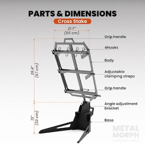 Puede incluir: Una estaca en cruz de metal gris con base negra, que presenta un cuerpo con cuatro ganchos, correas de sujeci&oacute;n ajustables y dos asas. El diagrama etiqueta las piezas y dimensiones, indicando 55 cm de ancho y 100 cm de altura total.