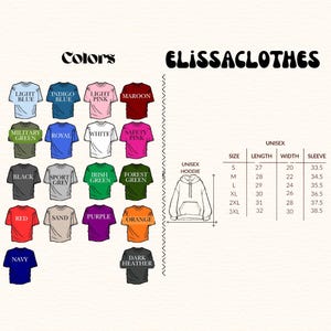 May include: A product image showcasing a variety of unisex hoodie colors, including light blue, indigo blue, and black. The image also displays a size chart with measurements for length, width, and sleeve length in inches.