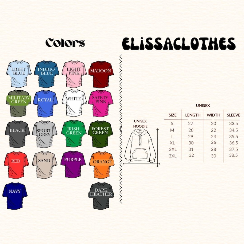 May include: A product image showcasing a variety of unisex hoodie colors, including light blue, indigo blue, and black. The image also displays a size chart with measurements for length, width, and sleeve length in inches.