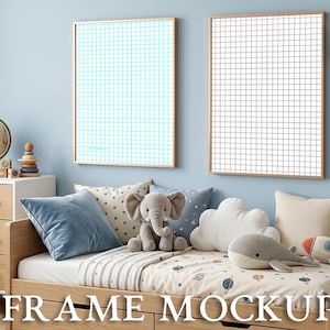 May include: A children's bedroom scene with two framed grid mockups. The room features a light blue wall, a wooden bed with pillows and stuffed animals, and a wooden dresser with a globe and toys. The text "FRAME MOCKUP" is visible.