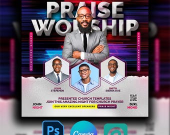 May include: A flyer for a church event called "Praise Worship" featuring a man in a suit and tie. The flyer has a red, blue, and purple color scheme and includes the text "Church Presented" and "John Night".