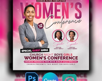 May include: A pink and white flyer with the text "Women's Conference" in large, bold letters. The flyer also includes the text "Church Night Boys Girls Women's Conference" and "Church Presents for Boys Girls 2050 Special Church Presents This Night for Boys Girls".