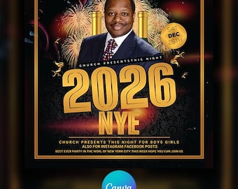 May include: A promotional flyer for a church event. The flyer features a man in a suit, the text "2026 NYE" in gold, and the date "SAT DEC 25TH". The background includes fireworks and decorative elements.