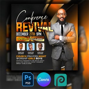 May include: A black and gold flyer with the text "Conference Revival" and "December 27th 9PM". The flyer also includes the text "Special Guest Mike" and "Church Prayers Night Worship Girls Boys".