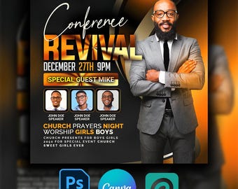 May include: A promotional graphic for a conference event. The design features the word "REVIVAL" in large, gold letters, with event details including the date, time, and special guest. A man in a gray suit is on the right. The graphic also includes speaker photos.