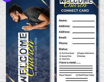 May include: A blue and gold church connect card with the words "WELCOME Church" and a form for contact information. The card features a person praying and the text "WE ARE GLAD YOU ARE HERE."