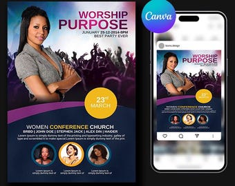 May include: A promotional poster and a phone display for a women's conference. The poster features a woman in a gray blazer, the words "Worship Purpose," and the date "January 25-12-2014-8PM." The phone shows the same design. The poster includes the text "Women Conference Church."