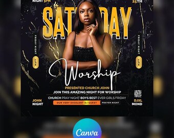 Puede incluir: Un folleto promocional con un fondo de mármol negro y dorado. La palabra "SATURDAY" está en letras doradas grandes. El folleto promociona un evento de "Worship", con los detalles de la fecha y la hora. Una mujer está en el centro.