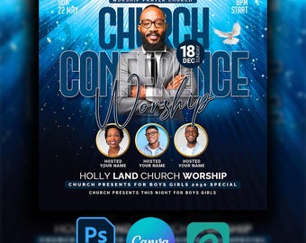 May include: A blue and white flyer for a church conference. The flyer features the text "Church Conference Worship" and the date "18 Dec Sunday". The flyer also includes the text "Holly Land Church Worship" and the text "Church Presents for Boys Girls 2050 Special".