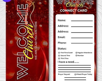 May include: A red and gold church welcome card with the words "WELCOME Church" in white and yellow. The card includes fields for name, address, email, and phone, along with status options and a prayer request section.