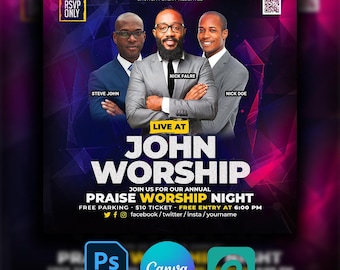 Church Praise & Worship Flyer: Editable PSD, Canva Template