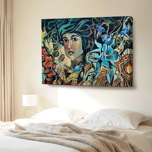 Woman Among Flowers Wall Art, Framed Canvas Wall Art, Surreal Canvas Wall Art, Large Wall Art, Surreal Modern Wall Decor, Housewarming Gift