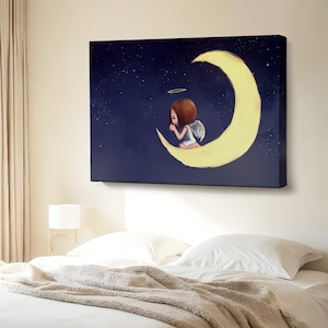 Angel Girl Praying On The Moon Canvas Wall Art, Abstract Canvas Print, Housewarming Gifts, Large Wall Art, Abstract Modern Wall Decor