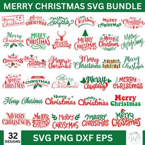 May include: A bundle of 32 Christmas SVG designs. The designs display the text "Merry Christmas" in diverse fonts and styles, incorporating festive elements such as holly, stars, and Christmas trees. The designs are in red and green.