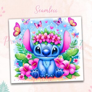 May include: A digital illustration of a blue alien character with large ears, wearing a flower crown, surrounded by pink hibiscus flowers, butterflies, and hearts. The word "Seamless" is written in pink script at the top.