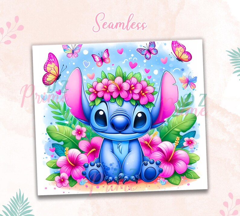 May include: A digital illustration of a blue alien character with large ears, wearing a flower crown, surrounded by pink hibiscus flowers, butterflies, and hearts. The word "Seamless" is written in pink script at the top.