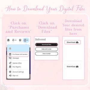 May include: A pink and white graphic with instructions on how to download digital files from Etsy. The graphic shows a screenshot of the Etsy website with the menu options "Purchases and Reviews", "Download Files", "Help with order", and "View receipt".