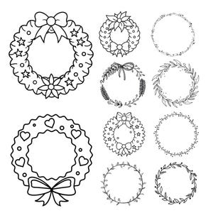 May include: A collection of black and white line art wreaths. The wreaths feature various designs, including bows, stars, hearts, and floral elements. The wreaths are circular and suitable for crafting or design projects.