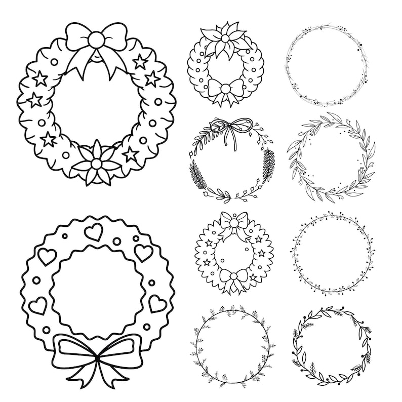 May include: A collection of black and white line art wreaths. The wreaths feature various designs, including bows, stars, hearts, and floral elements. The wreaths are circular and suitable for crafting or design projects.