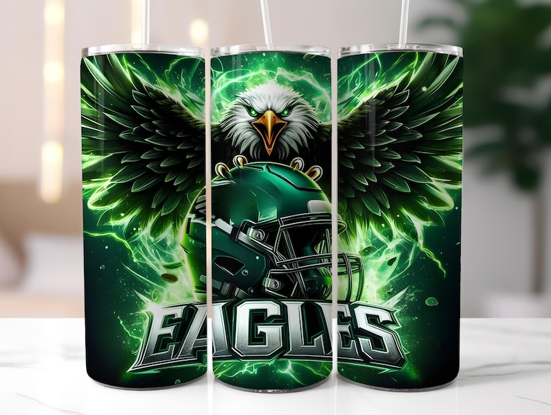 May include: Green and black tumbler featuring a graphic of an eagle wearing a football helmet and the word "EAGLES" in white letters.
