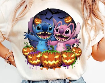 Trendy Halloween Stitch Png - Stitch And Angel Png - Spooky Season Png - Pumpkin Png - Stitch Halloween PNG CLIPART, digital download