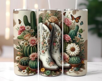 Western Cowgirl Boots 20 oz Skinny Tumbler Sublimation Design Wrap, Instant Digital Download Only,Tumbler Wrap PNG Cactus & Flowers