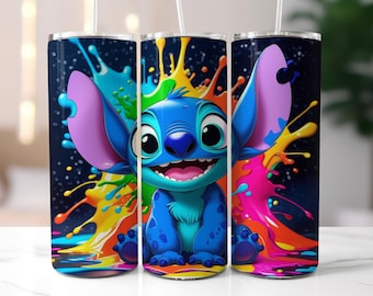 3D Stitch Colorful Splash Tumbler Wrap, Stitch Tumbler Sublimation Design PNG, 20oz Skinny, Stitch Colorful Tumbler Wrap, Digital Download
