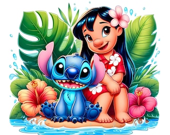 Lilo Stitch Summer Vibes Acuarela Splash PNG, Stitch Floral PNG, Dibujos Animados Arcoíris Estética, PNG de Alta Resolución de 300 Dpi, Descarga de Archivo Digital