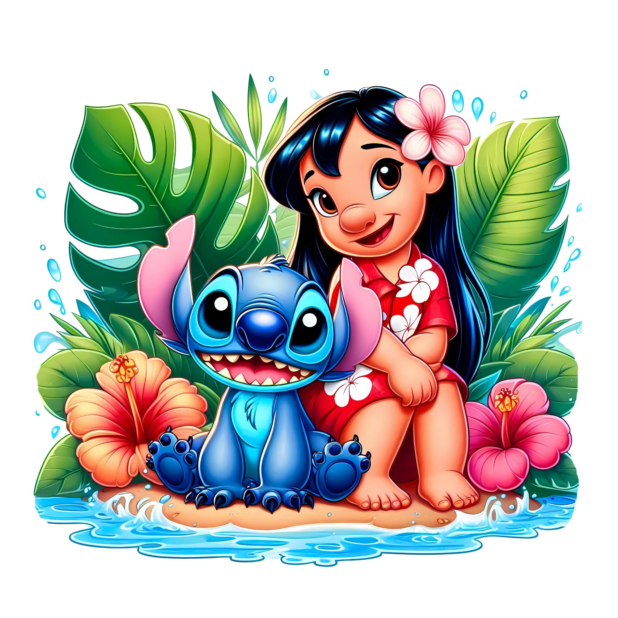 Lilo Stitch Summer Vibes Watercolor Splash Png, Stitch Floral Png,Cartoon Rainbow Aesthetic,300Dpi High Resolution PNG,Digital File Download