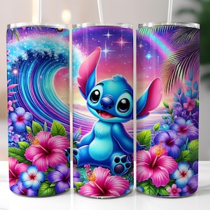 Livfull Stitch sommar 20oz smal tumblersjal, Stitch sublimeringstumblerdesign, Stitch blommig tumblersjal, digital nedladdning png