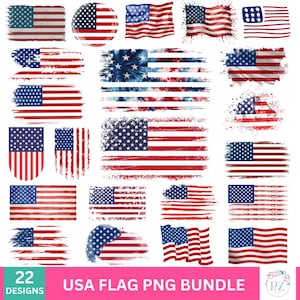 May include: A collection of 22 different designs of the American flag in various styles. The flags feature red and white stripes and a blue field with white stars. Some flags have a distressed or grunge look, while others are more traditional.