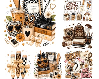 Leopard Teacher Apple Png bundle, School Supplies PNG, Checkered Polka Dot Pencil Scissors Ruler Bow Png, Preppy Teacher Png, Back to School