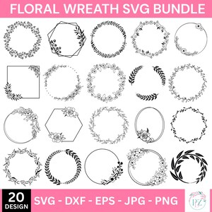 May include: A set of 20 black and white floral wreath SVG designs. The wreaths are in various shapes, including circles, squares, and hexagons. The designs are perfect for creating invitations, cards, and other crafts.