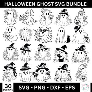 May include: A black and white Halloween-themed SVG bundle featuring 30 ghost designs. The ghosts are depicted in various costumes and poses, including witch hats, holding pumpkins, and with cats. The image includes the text "HALLOWEEN GHOST SVG BUNDLE".