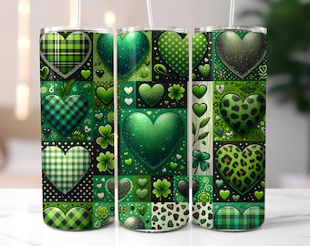 Vaso delgado de 20 oz con corazones del Día de San Patricio, diseño de sublimación, envoltura de vaso con leopardo del Día de San Patricio, vaso de sublimación, descarga digital