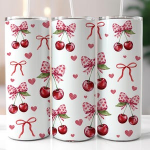 Cherry Bow Valentine Tumbler Wrap 20oz Skinny Tumbler Sublimation Design Romantic Watercolor Hearts PNG Coquette Tumbler Digital Download
