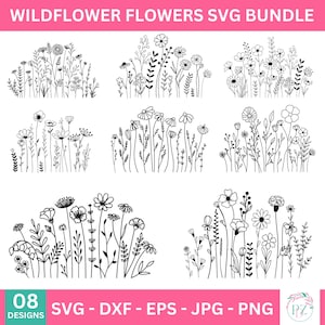 Könnte beinhalten: Eine Sammlung von acht schwarz-weißen Wildblumen-Designs. Das Bild enthält den Text "WILDFLOWER FLOWERS SVG BUNDLE" und Dateitypinformationen: SVG, DXF, EPS, JPG und PNG. Geeignet für verschiedene Bastelprojekte.