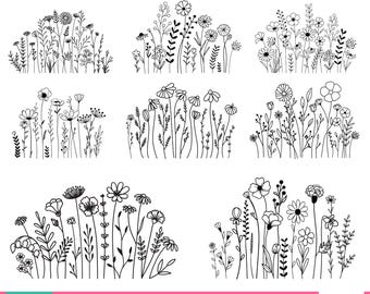 Wildflower Svg Bundle, Flower Border SVG, Flower Meadow Svg, Bouquet SVG,Minimalist Flower, Wildflower Clipart, Floral svg,Flower Sketch Svg