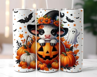 Halloween Highland Cow 20 oz Skinny Tumbler Sublimation Design, Highland Cow Tumbler Wrap, Halloween Ghost Tumbler Wrap, Digital Download