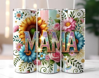 Sunflowers Mama 20 oz Skinny Tumbler Wrap PNG, Glitter Mama  Sublimation Design, Mom Tumbler Wrap, Digital Download only