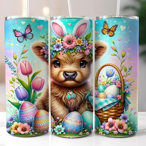 Easter Highland Cow 20 oz Skinny Tumbler wrap, Highland Cow Tumbler Sublimation Design, Easter Tumbler Wrap, Easter PNG, Digital Download