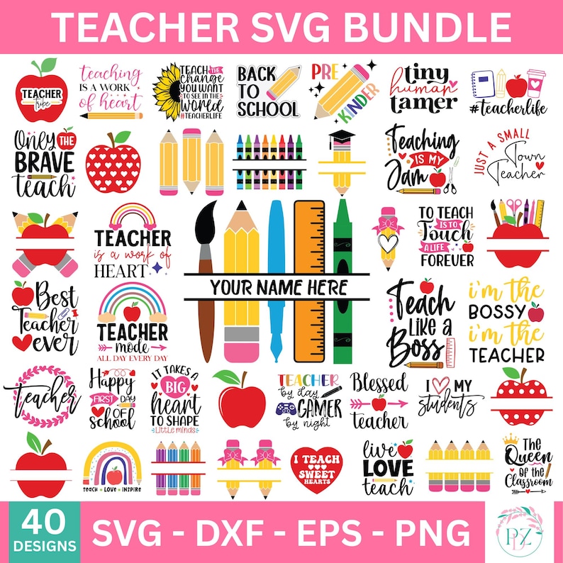 Op de afbeelding: Een verzameling van 40 SVG-ontwerpen met een thema voor leraren. De ontwerpen bevatten zinnen als 'Lesgeven is een werk van het hart' en 'Lesgeven als een baas'. De ontwerpen bevatten appels, potloden en andere schoolgerelateerde afbeeldingen. De bundel bevat SVG-, DXF-, EPS- en PNG-bestandsformaten.