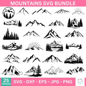 May include: A collection of 25 black and white mountain designs in various styles. The designs include mountain silhouettes, trees, and sunbursts. Text at the top reads "MOUNTAINS SVG BUNDLE". The bottom text reads "25 DESIGNS SVG - DXF - EPS - JPG - PNG".