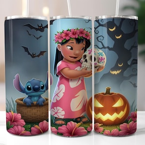 Halloween Stitch Lilo 20oz Skinny Tumbler wrap, Cartoon Halloween Tumbler Sublimation design, Stitch Spooky Vibes, Tumbler Wrap PNG Download