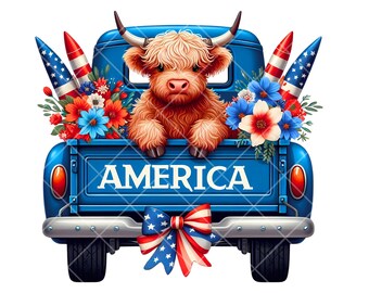 4 juli Highland Cow PNG, Patriotisk Highland Cow Clipart, 4 juli Truck PNG, Coquette Highland Cow Skjorta Design, Sublimeringsfiler