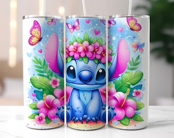Magic Stitch Floral Watercolor 20oz Skinny Tumbler wrap, Stitch Floral Tumbler Wrap,  Stitch Sublimation Design, Digital download PNG file