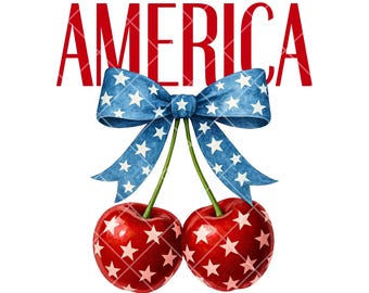 America Cherries Bow PNG, Cherry Bow Png, Trendy July 4th PNG, Usa Flag png, 4th of july Woman png, Coquette USA png, Cherry Bow t shirt png